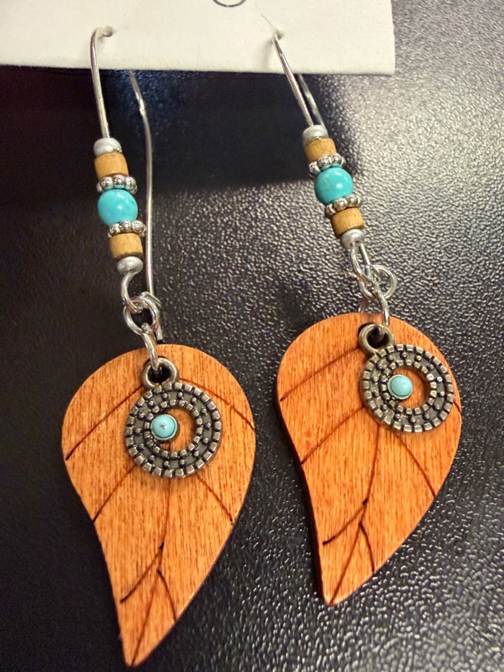 Wooden Teardrop Earrings with Turquoise Bead Accent